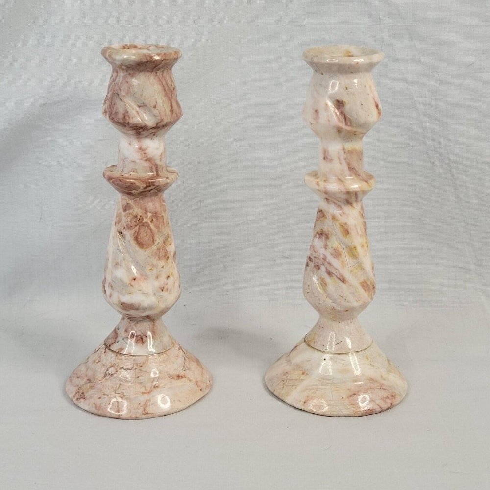 VTG Pink Marble Candlesticks Candle Holders pair 6 inches